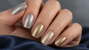 Silver, gold, and champagne metallic nails against navy silk.
