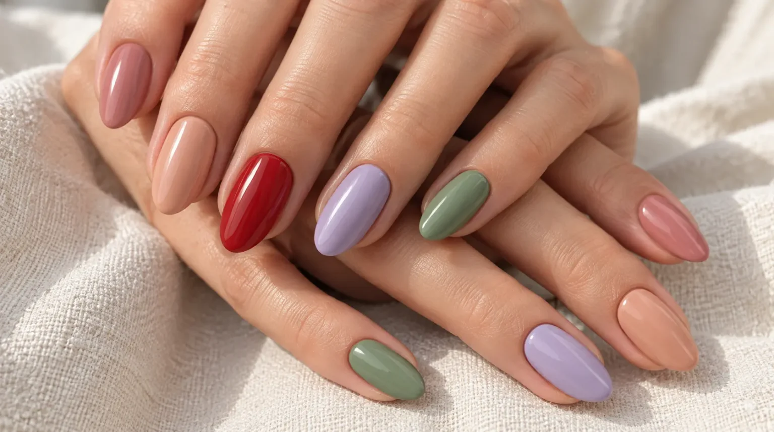 Fair-skinned hands with rosy nude, peach, red, lilac, and sage green nails.