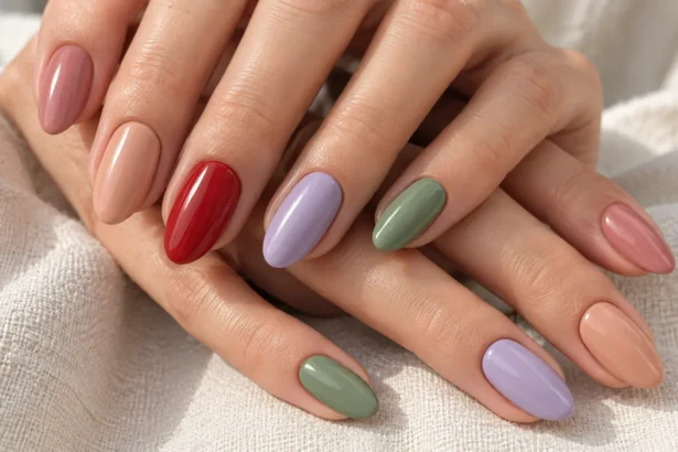 Fair-skinned hands with rosy nude, peach, red, lilac, and sage green nails.