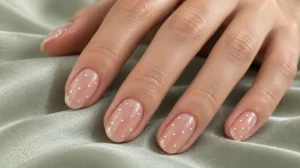 Sheer pink oval nails with tiny white polka dots resting on sage silk