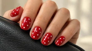 Glossy red nails with white polka dots resting over a black leather clutch.