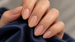 Sheer nude-pink almond nails with tiny gold and silver dots against navy satin.