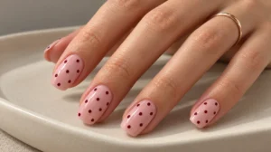 Close-up of glossy blush pink nails with burgundy polka dots on an ivory ceramic tray.