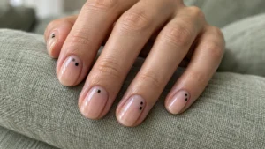 Sheer pink nails with minimal black polka dots resting on sage linen.