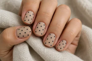 Short matte nude nails decorated with small black polka dots.