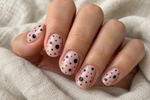 Glossy blush pink nails with small, medium, and large black polka dots