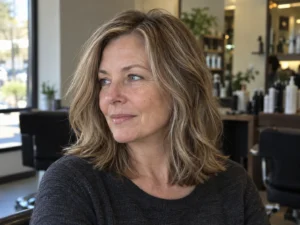 Woman over 50 with shoulder-length dark blonde hair and fine beige highlights