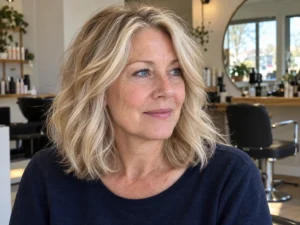 Woman over 50 with softly waved champagne blonde hair and subtle pearly highlights.