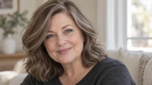 Woman over 50 with blue eyes and wavy mushroom brown hair.