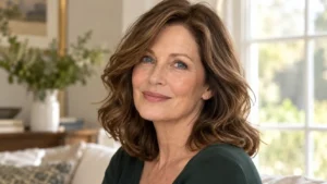 Woman over 50 with blue eyes and softly waved light chocolate brown hair.
