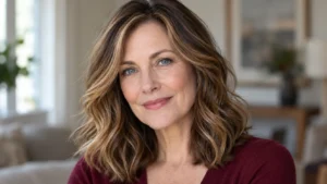 Woman over 50 with blue eyes and wavy brown hair with caramel highlights.