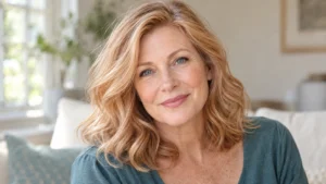 Woman over 50 with fair skin, blue eyes, and softly waved strawberry blonde hair.