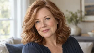 Woman over 50 with fair skin, blue eyes, and softly waved muted copper hair.