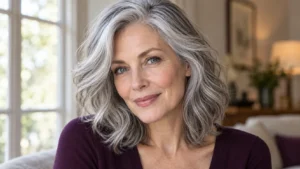 Woman over 50 with blue eyes and wavy silver hair with fine gray lowlights.