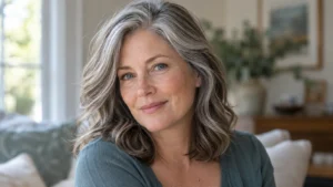 Woman over 50 with blue eyes and natural gray hair blended with soft silver highlights.
