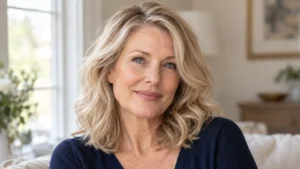 Woman over 50 with blue eyes and softly layered beige blonde hair.
