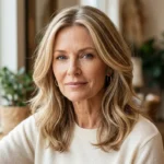 Woman over 50 with dimensional beige blonde best hair colors and soft honey highlights