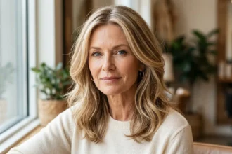 Woman over 50 with dimensional beige blonde best hair colors and soft honey highlights