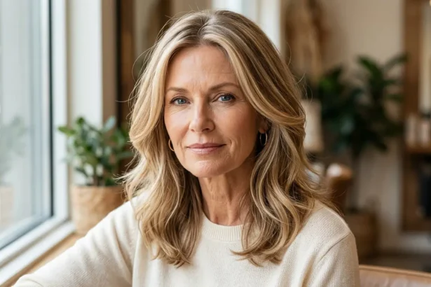 Woman over 50 with dimensional beige blonde best hair colors and soft honey highlights