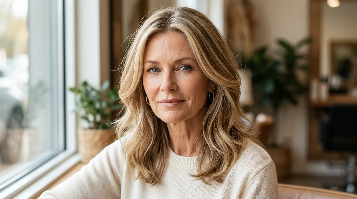 Woman over 50 with dimensional beige blonde best hair colors and soft honey highlights