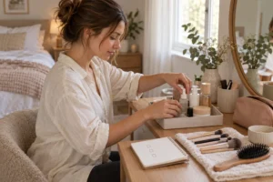 Woman organizing skincare supplies beside clean makeup brushes and a three-item checklist.