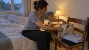 Woman packing her bag beside clothes set out for tomorrow during a quiet evening at home.