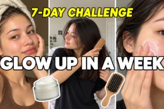 Three-panel skincare and haircare collage with the text “Glow Up in a Week” and “7-Day Challenge.