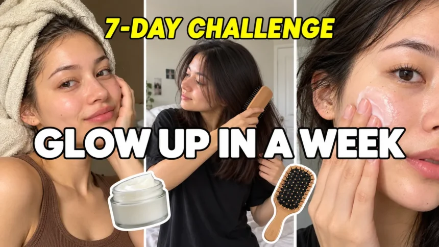 Three-panel skincare and haircare collage with the text “Glow Up in a Week” and “7-Day Challenge.