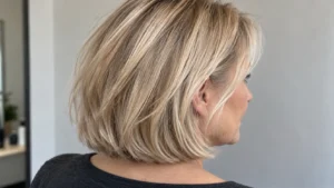 Beige blonde bob with deeper roots and fine lighter highlights on a woman over 50.