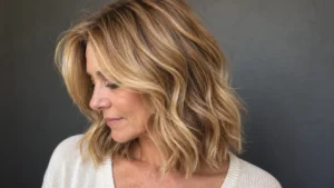 Woman over 50 with layered honey blonde waves, deeper roots, and lighter face-framing highlights.