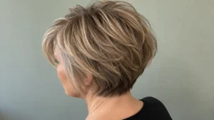 Short layered dark blonde hair with fine beige highlights and softly blended gray strands on a woman over 50.