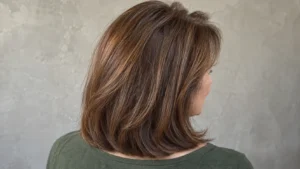 Shoulder-length chestnut brown hair with soft layers and subtle red-gold reflections on a woman over 50.
