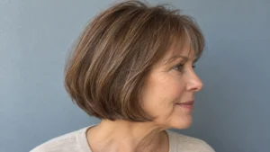 Woman over 50 with a chin-length light chocolate brown bob and soft wispy bangs.