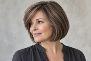 Woman over 50 with a chin-length mushroom brown bob, side-swept fringe, and subtle beige highlights.