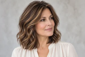 Woman over 50 with softly waved brown hair and blended caramel ribbon highlights.