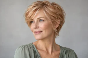 Woman over 50 with a short layered strawberry blonde haircut and soft peach-copper tones.