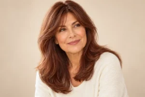 Woman over 50 with layered soft auburn hair and curtain bangs against a clean beige background.