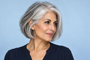 Woman over 50 with a silver bob and cool-gray lowlights against a clean pale-blue background.