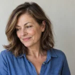 Woman over 50 with shoulder-length brown hair and subtle caramel highlights against an off-white wall.
