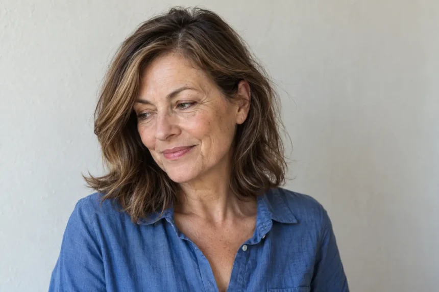 Woman over 50 with shoulder-length brown hair and subtle caramel highlights against an off-white wall.