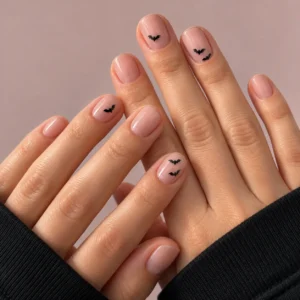Close-up of short nude-pink nails with small black bat silhouettes against a dusty-rose background.
