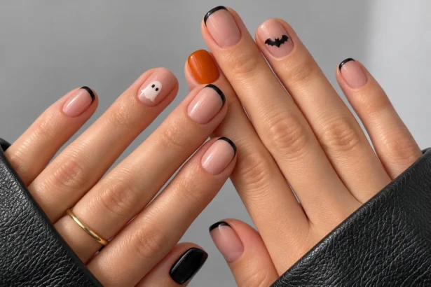 Close-up of short Halloween nails with black French tips, a tiny ghost, a black bat, and pumpkin-orange polish.