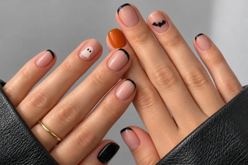 Close-up of short Halloween nails with black French tips, a tiny ghost, a black bat, and pumpkin-orange polish.