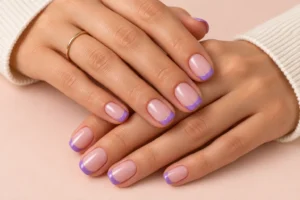 Close-up of nude-pink squoval nails with purple French tips against a pale peach background.
