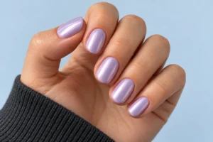 Close-up of oval lilac nails with a pearlescent chrome finish against a pale blue background.