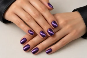 Close-up of violet cat eye nails with diagonal lavender-silver shimmer bands against a beige background.