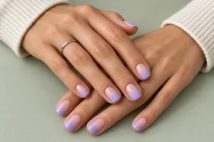 Close-up of nude-pink nails fading into soft lavender tips against a pale sage background.