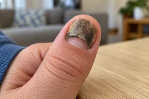 Close-up illustration of a damaged thumbnail with a smooth pink nail segment visible near the cuticle.