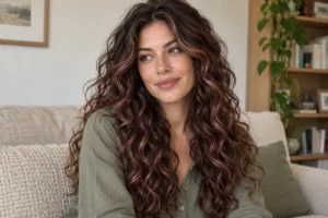 Woman with curly chocolate brown hair and dusty rose highlights wearing a sage blouse at home.