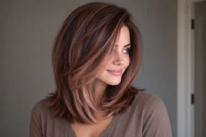 Woman with sleek rose brown balayage, soft layers and a side-swept fringe wearing a taupe blouse.